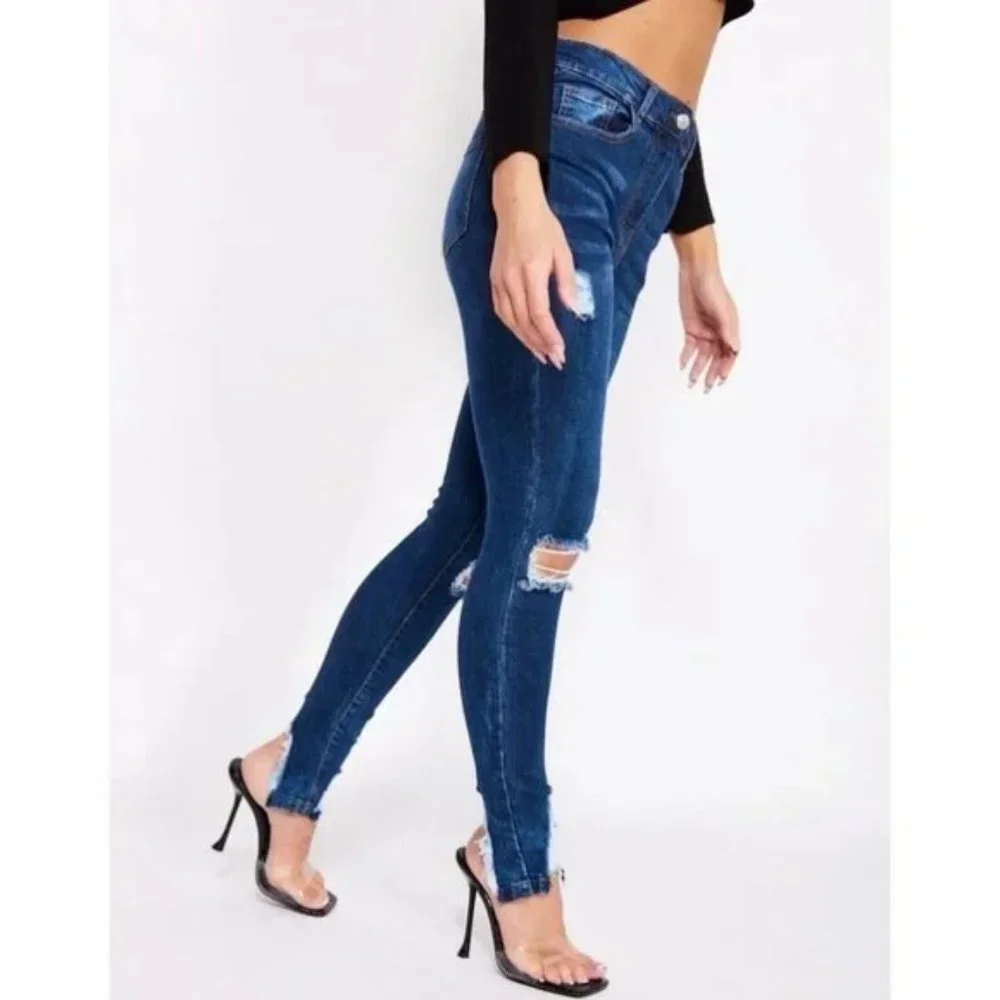 Blue High Waist Ripped Distressed Split Hem Skinny Jeans Denim Pants - Picture 3 of 13